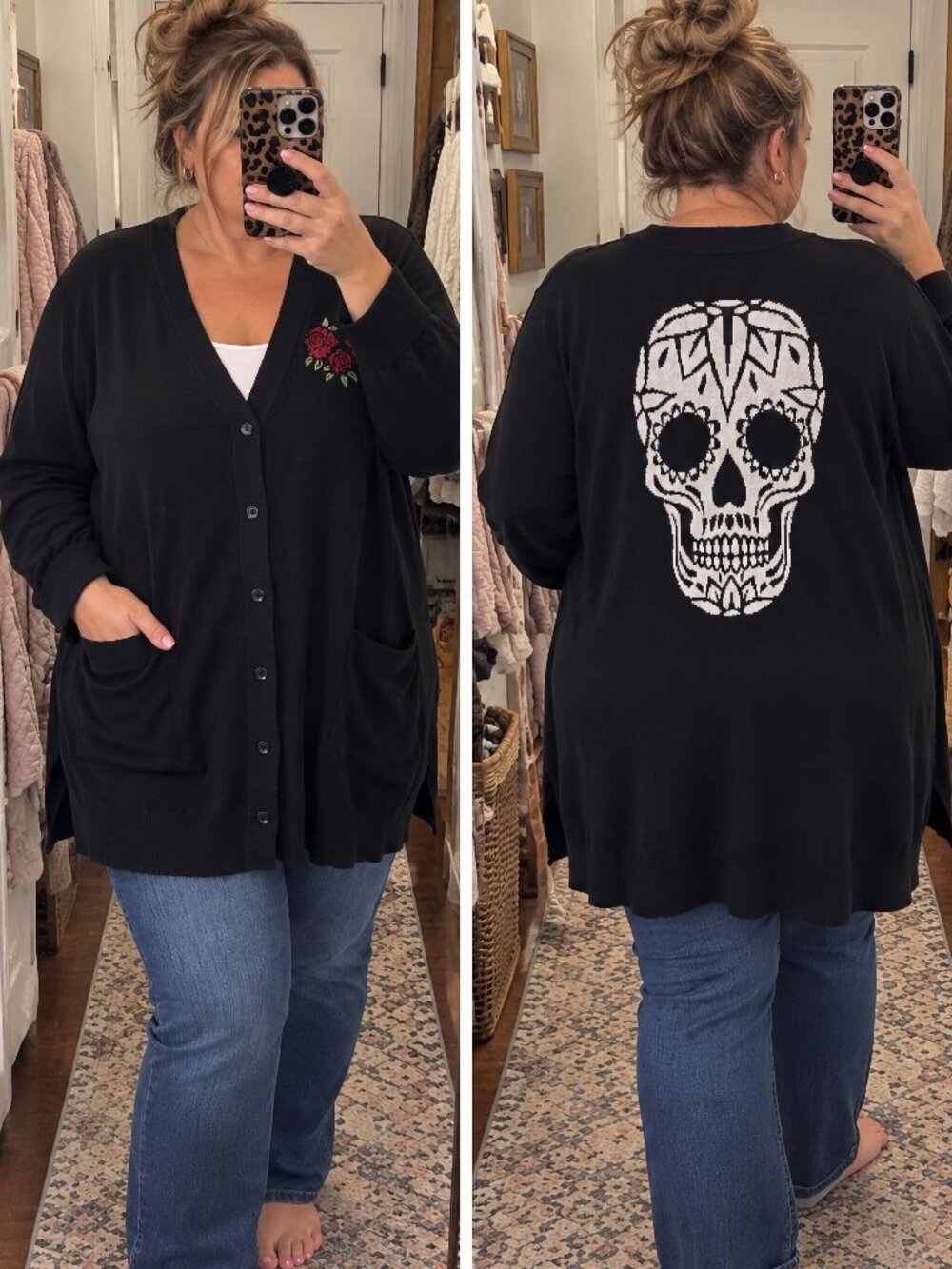 Torrid Boyfriend Cardigan Sweater 3X Black Sugar Skull Rose Embroidered